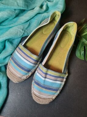 Striped Canvas Espadrille Flats in Blue and Tan